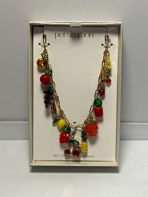 Persimmon Fruit Charm Necklace 16  + 3  Extender Gold Tone Brass NEW Bright Fun