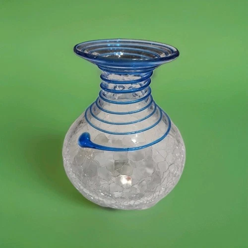 Stunning Blenko Handcraft Art Glass Crystal Vase Blue Swirl And Sticker Blown