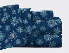 Flannel Deep Pocket Set with Oversized Flat Sheet, Queen, Snow Flakes Navy