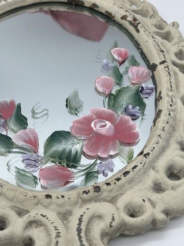 Cast Iron Rustic Victorian Roses Painted on Mirror White Hanging Mirror 9" X 12" - Picture 2 of 5