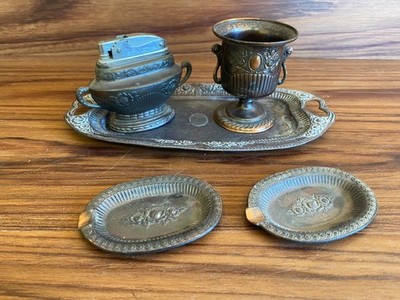 Vtg Bronze Made In Occupied Japan Table Lighter Ashtrays Spit Cup Smoking Set
