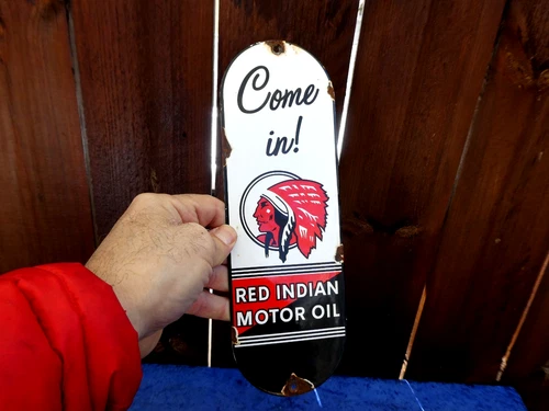 VINTAGE RED INDIAN MOTOR OIL PORCELAIN GAS OIL PUSH PLATE SIGN. NICE!