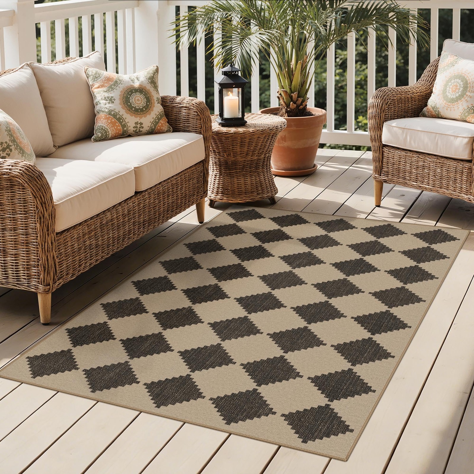 Indoor Outdoor Area Rug 5'x8', Checkered Easy Jute Rug Machine Washable, Easy...