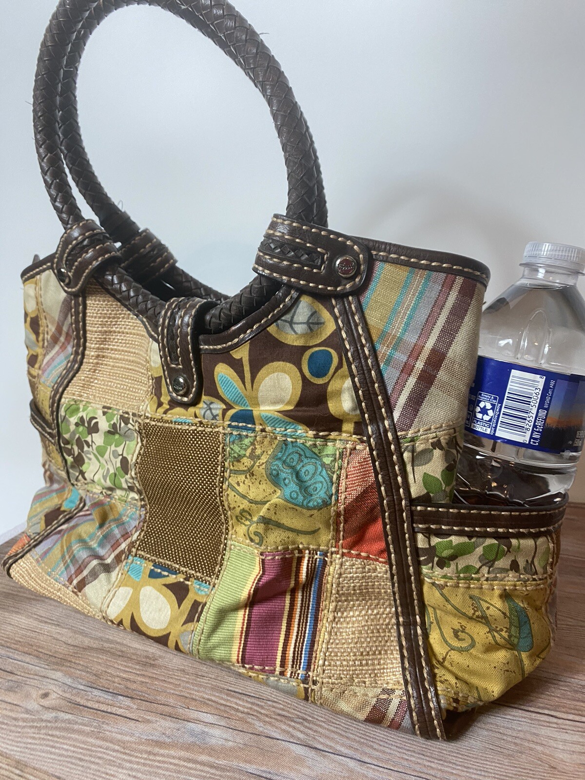 Fossil Round Leather Handle Patch Work Purse - image 5