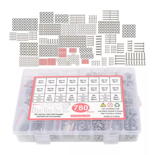 M6 M5 M4 M3 Metric Bolt Assortment 780pcs Hex Bolts and Nuts Kit