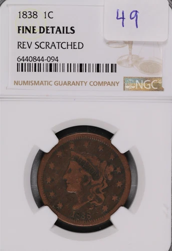 1838 Coronet Head Large Cent NGC Fine Details REV Scratched #4-094
