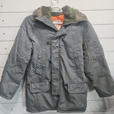 Vtg N3-B Army Green Satin Fur Trim Hooded Puffer Jacket Coat