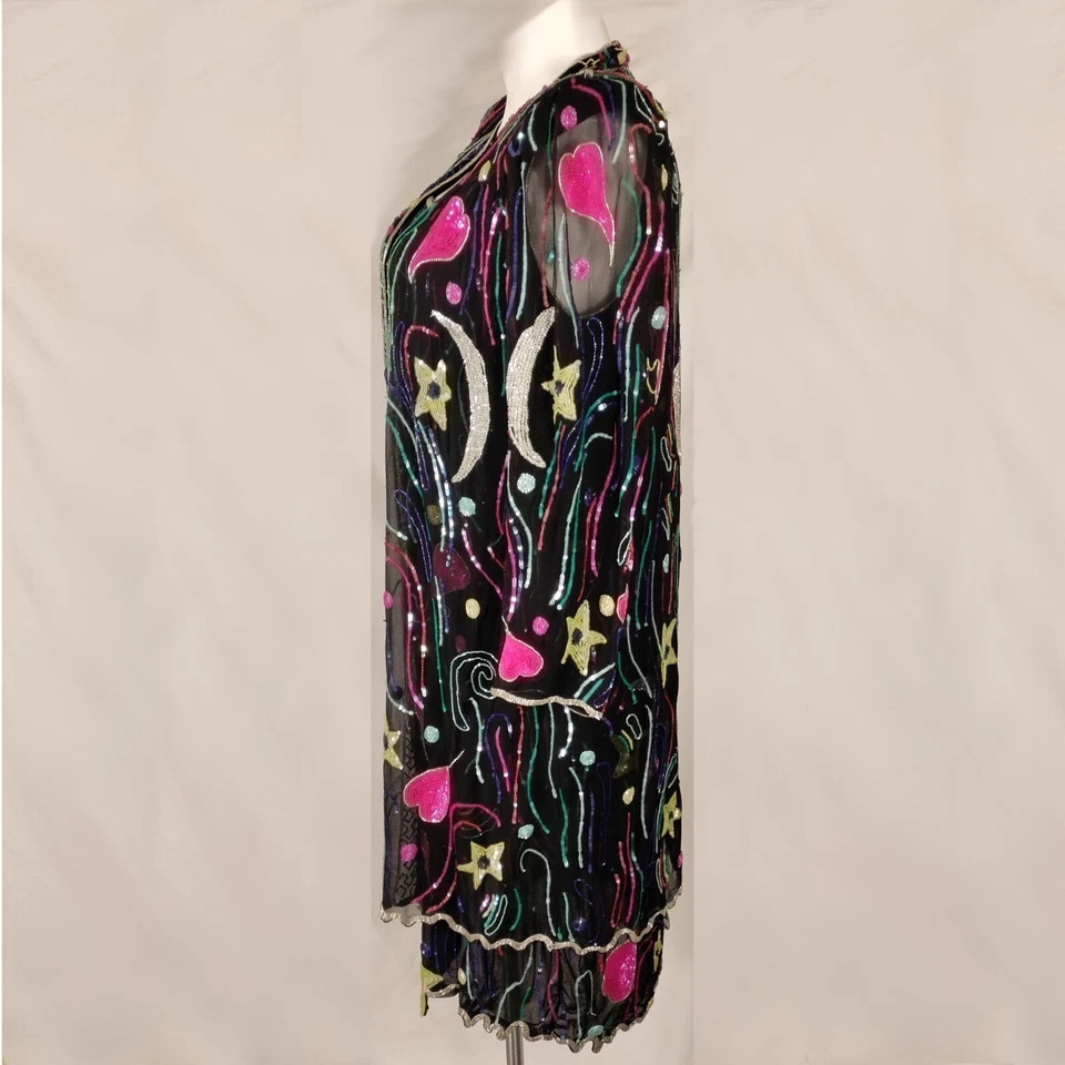 Judith Ann Plus 1X Sequin Beaded Multicolor Sheer Duster and Dress Set Vtg - Image 4 of 4