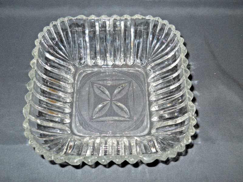 Vintage Square Clear Glass Bowl Candy, Relish Dish, Ribbed, 4-sided Center Star