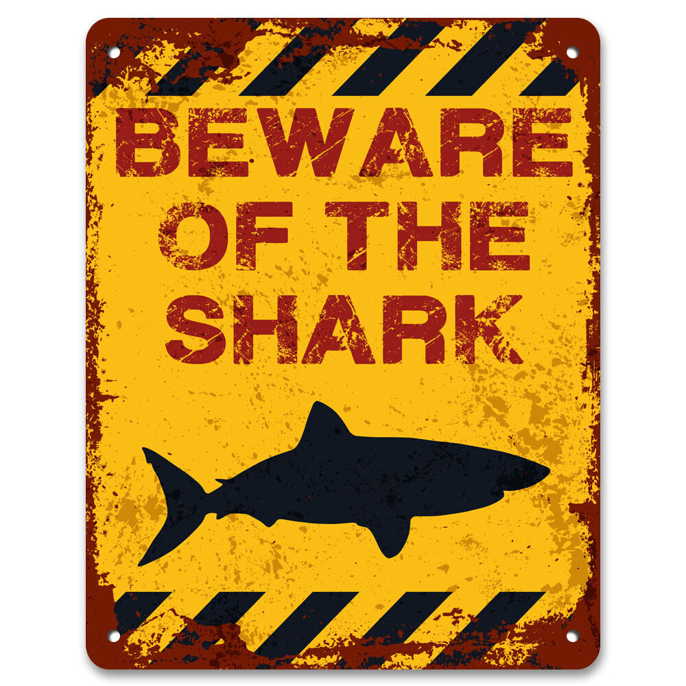 Beware Of The Shark | Funny Vintage Metal Garden Warning Sign | Swimming Pool