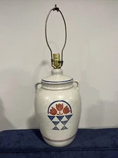 Vintage 20th Century Lrg Salt Glazed Crock Lamp Grey Blue Red