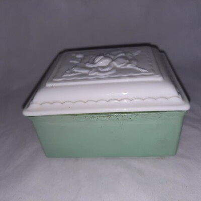 Anchor Hocking Cigarette or Card Holder Vintage Green White Cover With Roses