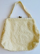 VTG 60'S LUMURED IVORY CORDE-BEAD BEADED KISSLOCK HANDBAG PURSE BAG