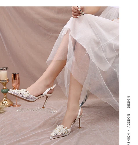 Womens Lace Pearl White High Stiletto Heel Weding Shoes Bridal Party Slingbacks- - Picture 11 of 17