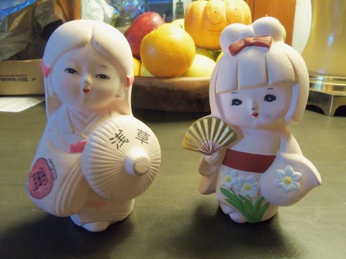 Set of Two-1960s Hakata Japanese Girls Geisha Clay Figurines