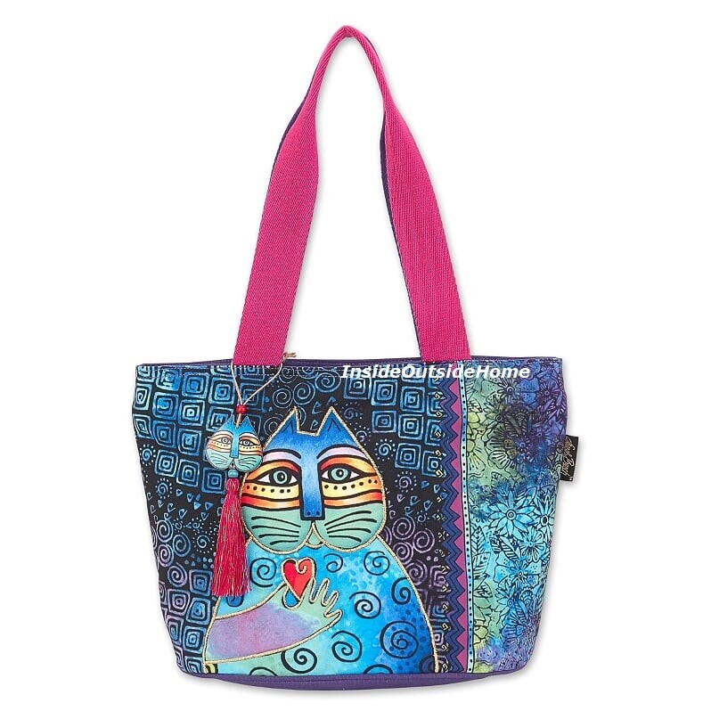 Laurel Burch Cat Wishing Love with Heart Medium Tote Bag Outside Back Pocket New