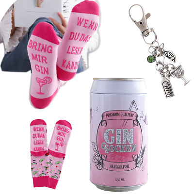 Gin Geschenk-Socken mit rutschfestem Gin Spruch & Gin Schlüsselanhänger (Rosa)
