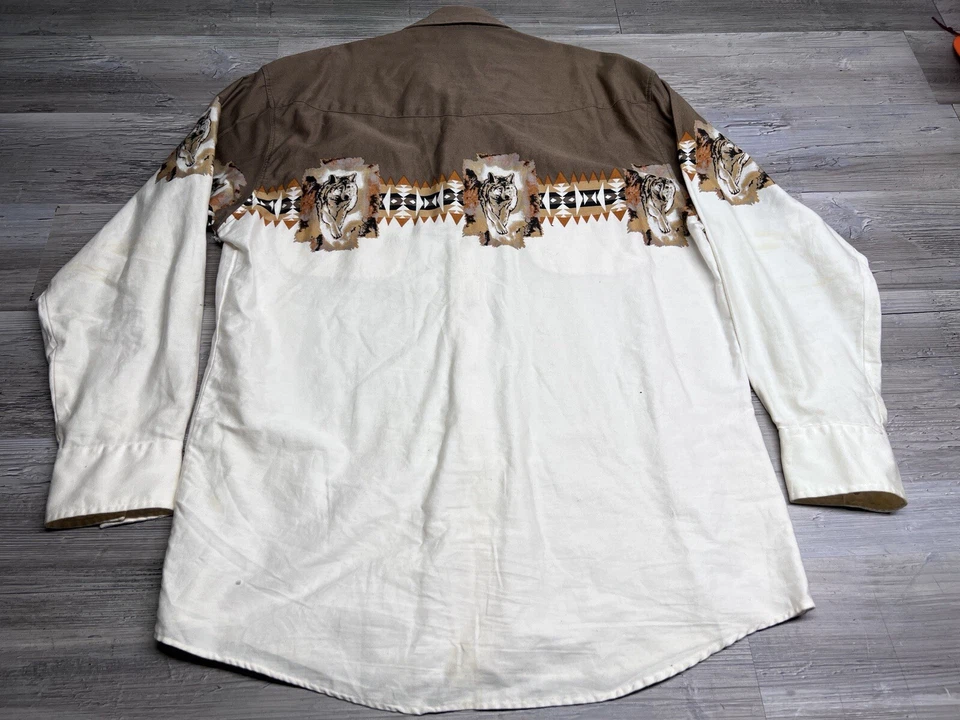 Vintage Roper Western Border Pearl Snap Shirt Mens Size XL Wolves Aztec Cowboy - Image 2 of 4