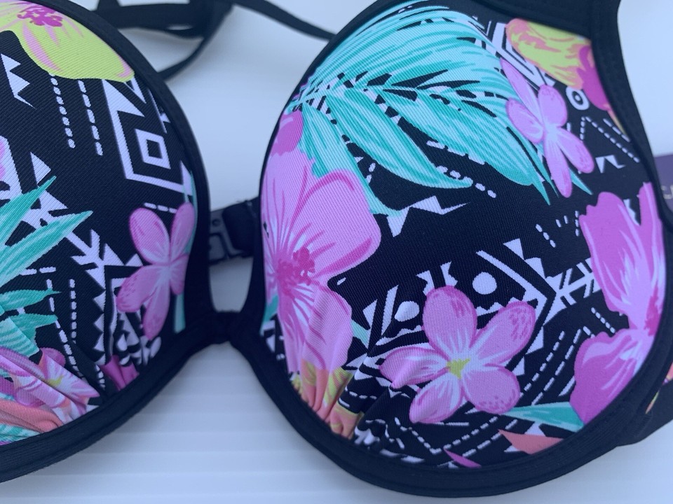 Lascana Bikini Top 34B Black Floral Add 2 Cups Push Up Halter Swim