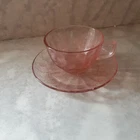 Jeanette Pink Depression Glass Poinsettia Tea Cup & Saucer