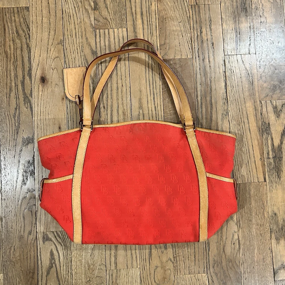 Dooney and Bourke Red Canvas XL Logo Tote Bag Travel Shoulder Leather Straps - Image 2 of 4