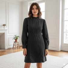 Madewell black mock neck ruffled mini long sleeve cotton dress size 4 academia b
