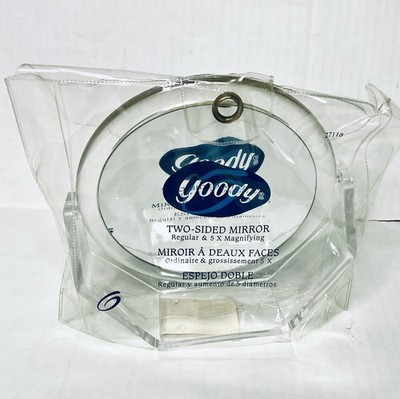 VINTAGE GOODY TWO-SIDED SELF-STANDING ROUND MAKEUP MIRROR REG/5X MAG CLEAR Y2K
