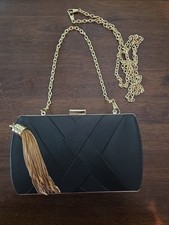 Women's Tassel Pendant Evening Bag Clutch Purse, Black With Gold Colored Accents