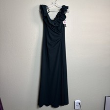 Xscape Women's Long Stretch Scuba Crepe Ruffle Collar Ruched Dress Pine 16