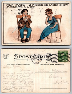 #ad 1914 Comic Postcard HELP WANTED Presser Ladies Skirts Sioux Falls SD Postmark $4.95