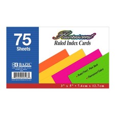 BAZIC 75 Count 3" X 5" Ruled Fluorescent Colored Index Card 596