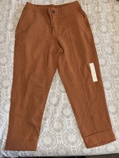 A New Day Women's Brown Straight-Leg Cuffed Pants Cotton Button Zip Elastic