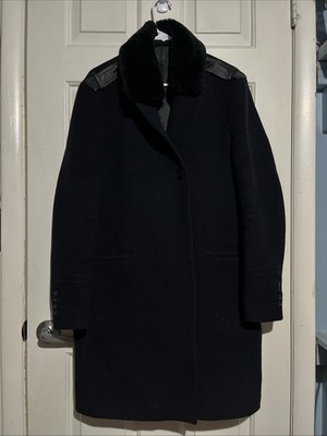 The Kooples Paris Men's Wool Blend Coat Navy Lambskin Shoulder Strap Size 48