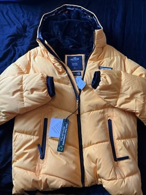 Hollister Men's Yellow Hooded Puffer Jacket L Full Zip Fleece Lined Short