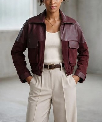Cropped Bomber Pure Suede Leather Jacket Women Burgundy Relaxed Fit Flight Coat