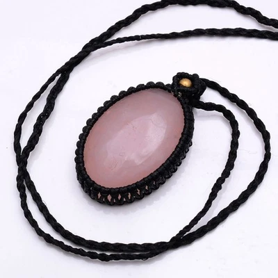 USHAQGEMS Natürliche Rosenquarz Makramee Halskette Anhänger Tassel Unisex - Bild 1 von 4