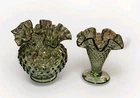 2 PC Lot of FENTON 'Colonial Green' Hobnail Glass Vases with Ruffled Opening