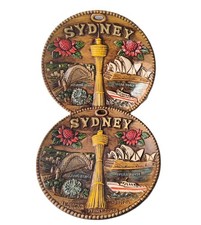 Vintage Sydney Souvenir Wall Plaques Pair 1970s Relief Opera House Tower Bridge