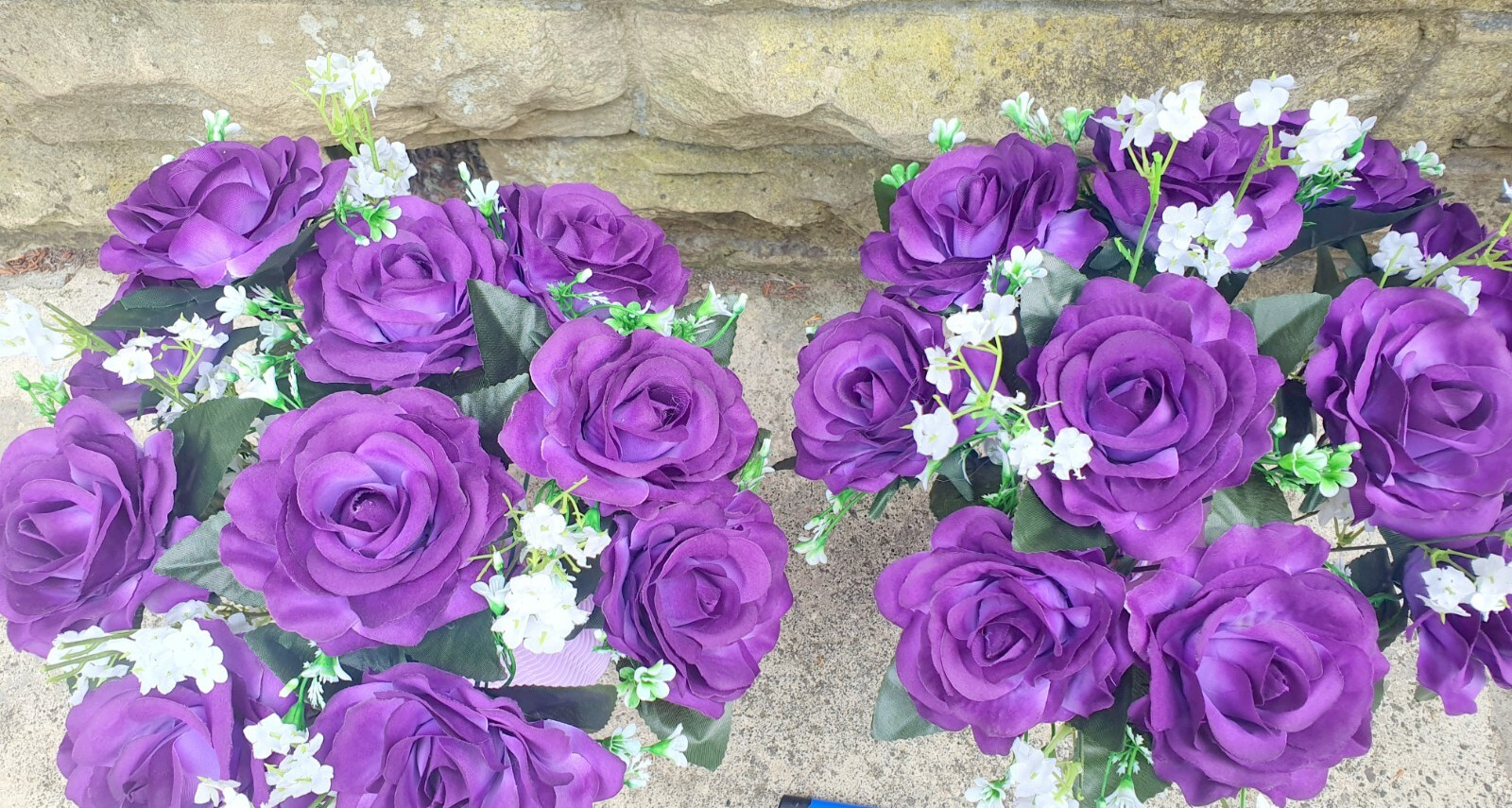 Pair of artificial PURPLE roses & gypsophila large flower&vases Decorations
