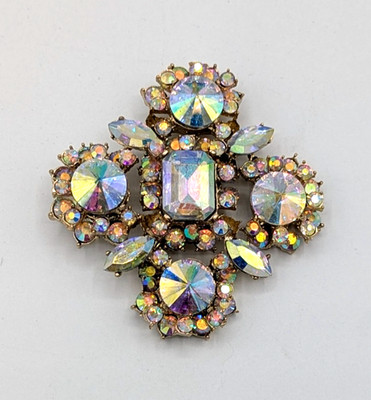 Aurora Borealis Brooch Pendant Large Cross Snowflake Pin AB Rivoli Rhinestones
