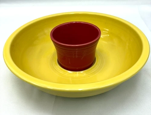 Fiesta Fiestaware Chip and Dip Bowl Pottery Set in Yellow & Red HLC U.S.A.