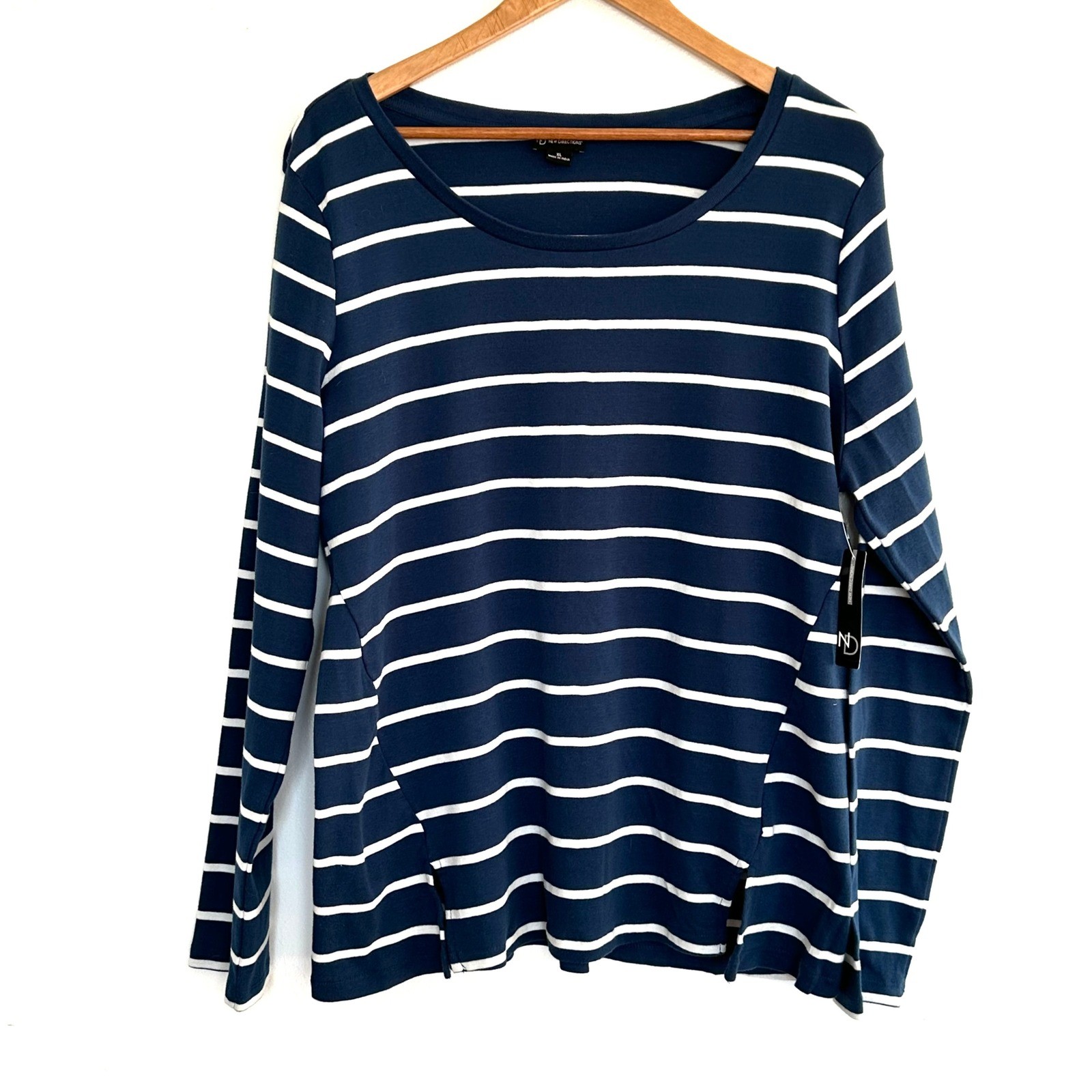 NWT NEW DIRECTIONS Shirt Women's XL Navy White Stripe Long Sleeve Scoop Neck Top