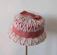 VTG Woven Skimmer Hat Pink  White w/ Bow Detail  Netting Costume Theatre Prop