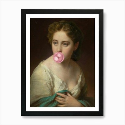 Girl Blowing A Bubble Gum Kunstdruck Gerahmtes Wandbild Poster Leinwanddruck Bild