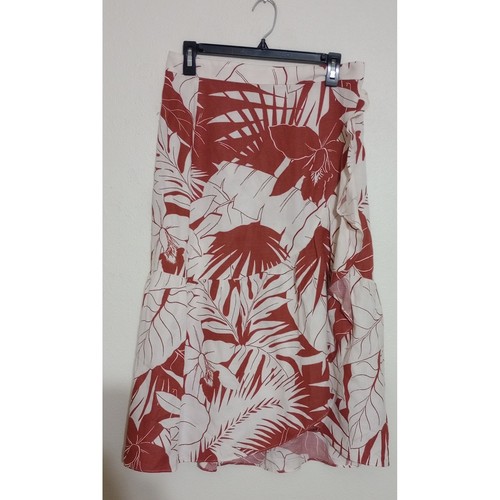 Madewell Linen Blend Tropical Palm Floral Ruffle Wrap Midi Skirt Red Cream 6