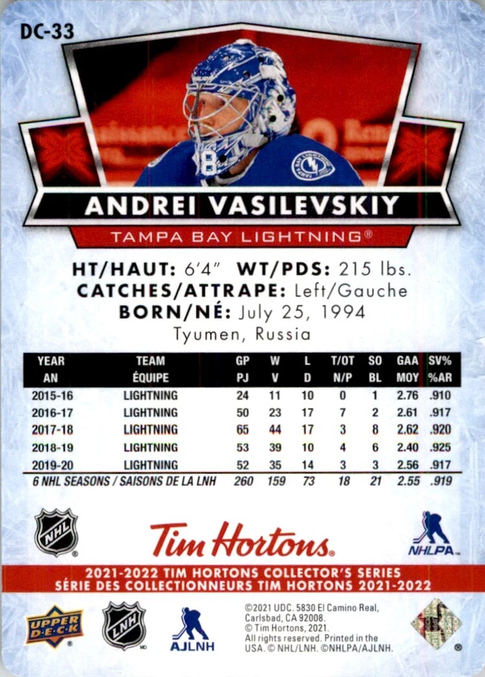 2021-22 Upper Deck Tim Hortons Red Die Cut Andrei Vasilevskiy #DC-33 - Image 2 of 2