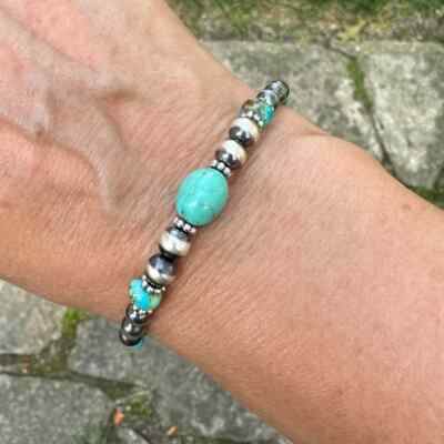 Graduated Blue Green Kingman Turquoise Bracelet, Navajo Pearls, Dainty Delicate