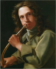 oil painting handpainted on canvas "a young man playing a hunting horn "@N13543