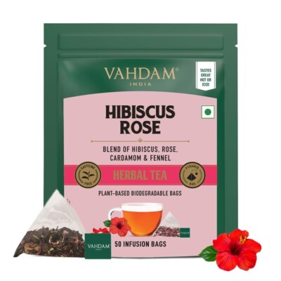 VAHDAM Hibiscus Rose Herbal Tea Bags (50 Counts) 100% Pure Herbal Blend