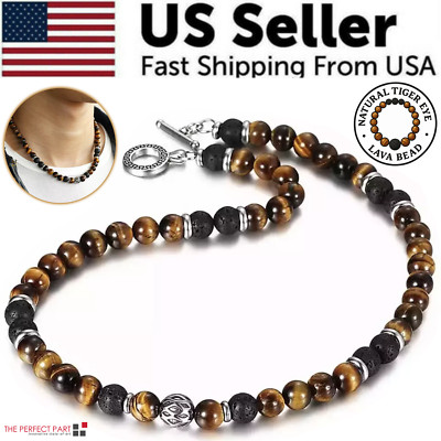 Men's 8mm Natural Tiger Eye Lava Bead Necklace Stainless Steel Toggle 18/20/24''